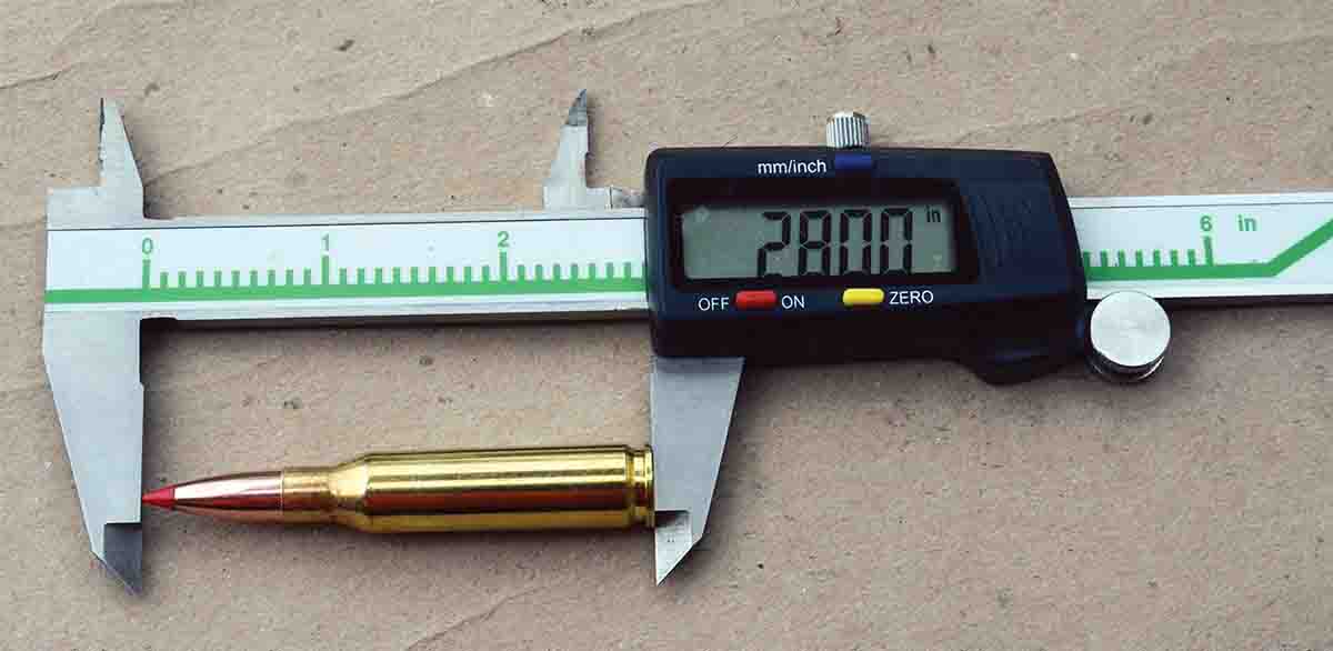 The 7mm-08 Remington has a maximum overall cartridge length of 2.800 inches that allows it to function in bolt action rifles with 308 length actions.
